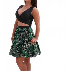 NEW LAST DRESS city lights twirl mini dress in black-green
